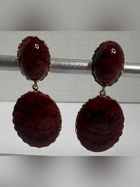 Clip On Red Dangle Earrings with Gold Trim - Women Costume Jewelry Vintage